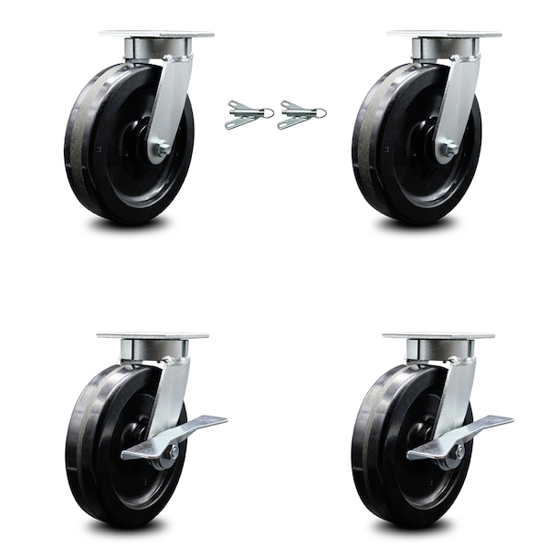 8 Inch Kingpinless Phenolic Wheel Caster Swivel Locks 2 Brakes SCC, 2PK